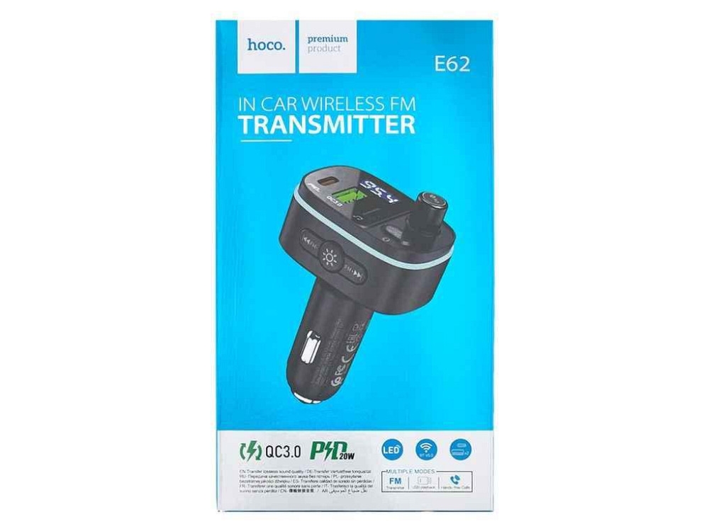 FM Модулятор E62 12-24V/2USB/PD20W/BT 5.0 чорний ТМ HOCO Київ - фото 1