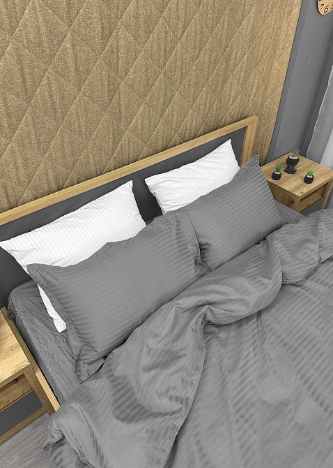 Комплект постельного белья Страйп-сатин Евро 200х230 с простыней на резинке Серый (88-109) Киев - изображение 7