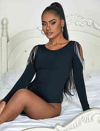 Черный боди с длинными рукавами Star Night и кисточками из цепочек, L Sex Aura Киев
