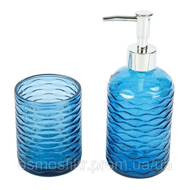 Набір  для ванної кімнати Бульбашки блакитний скло 2 шт (дозатор для рідкого мила Ø 7 см, Н19 см і стакан  для Киев - изображение 1