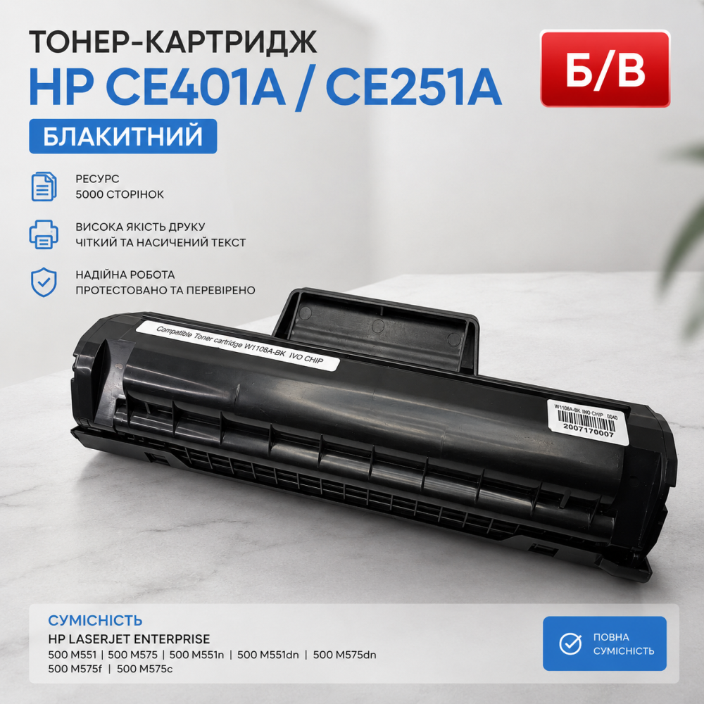 Тонер-картридж HP CE401A / CE251A Голубой — Ресурс 5000 страниц, совместим с сериями HP LaserJet Enterprise 500 Б/У Киев - изображение 8