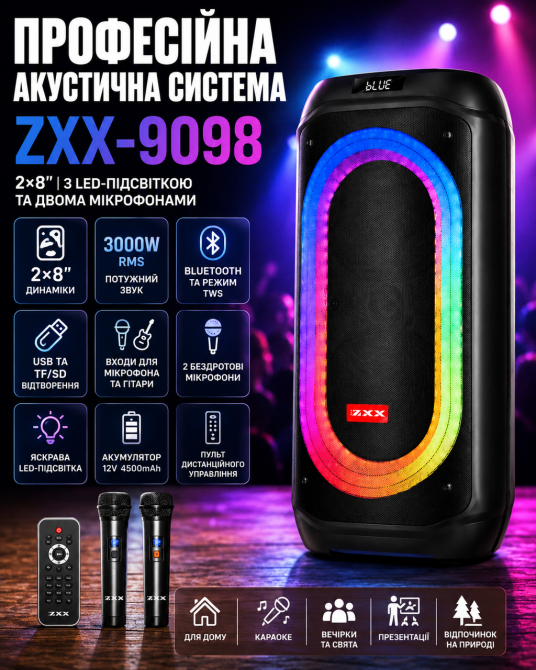 Портативна акустична колонка ZXX-9098 80Вт 2х8" Bluetooth, TWS, LED-підсвічування, 2 мікрофони та пульт ДК Одеса - фото 7