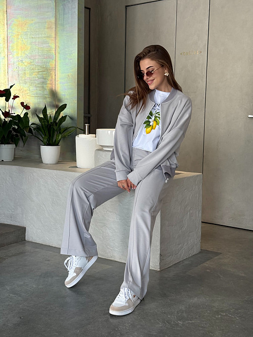 Женский костюм оверсайз с широкими брюками из двунитки Серый 46/48 Харьков - изображение 3