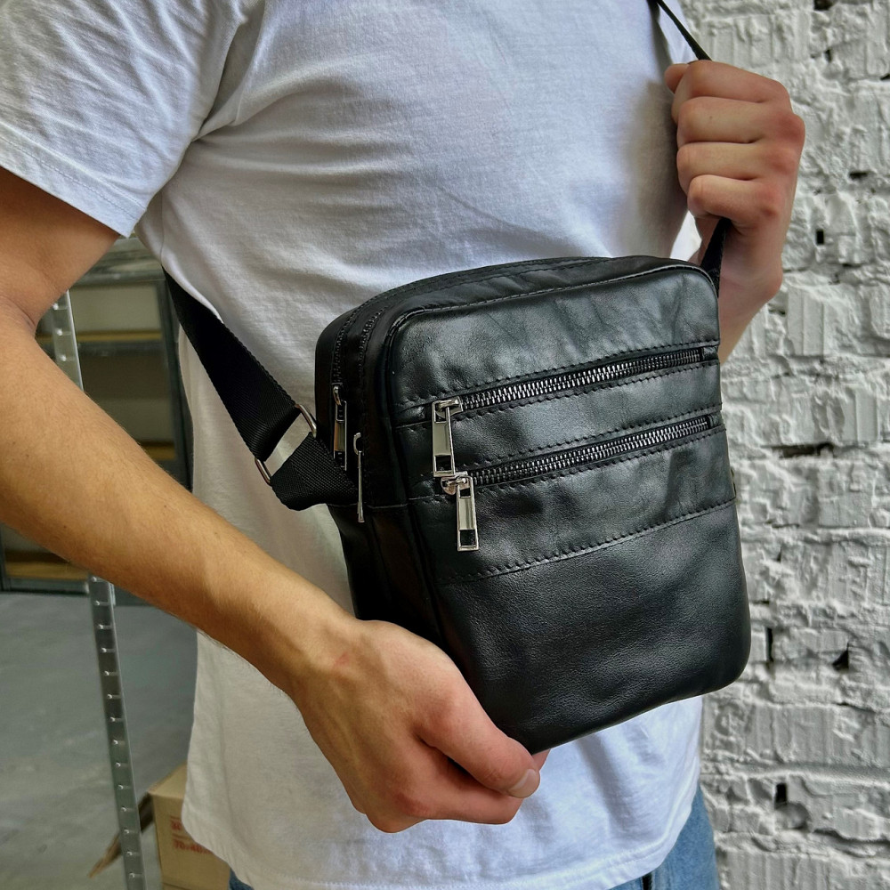 Чоловіча сумка через плече глянцева шкіряна чорна Детройт Глянець 21х19х5 см, сумка месенджер шкірянаMasterSem Київ - фото 2