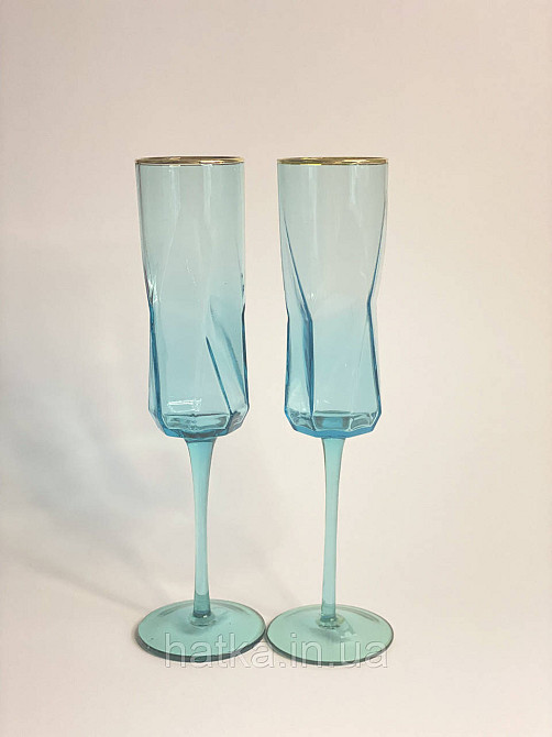 Келих для шампанського "Блакитна Геометрія" 250мл OLGS1001-1 блакитний із золотою облямівкою Київ - фото 4