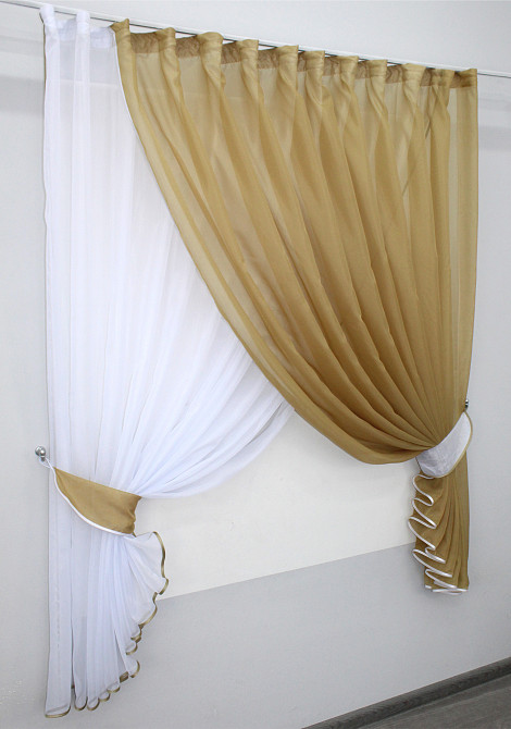 Кухонні шторки VR-Textil № 060к "Дует" з підв'язками темно-бежевий з білим 330х170 см (50-628) Київ - фото 2