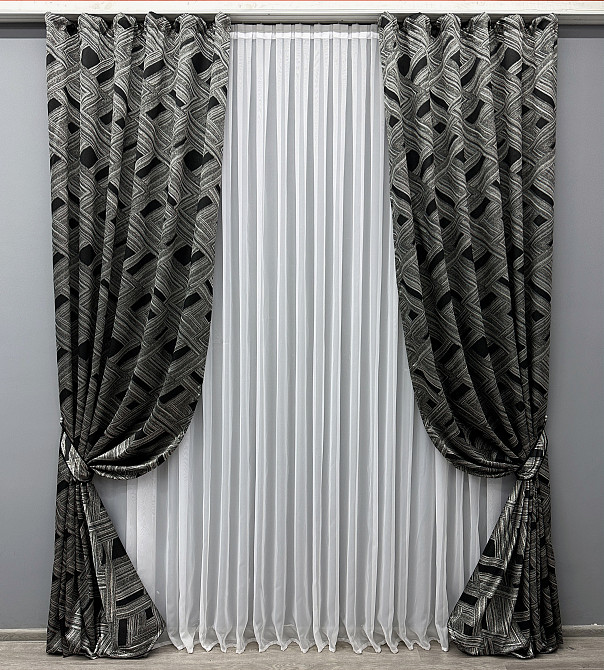 Комплект готовых штор VR-Textil Жаккард Mystery № 1629ш Серый с черным 150х290 см 2 шт (33-0523) Киев - изображение 2