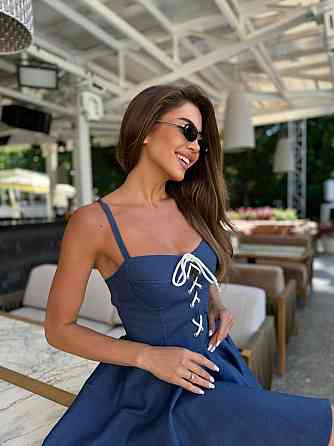 Женский романтичный сарафан на бретелях со шнуровкой джинс бенгалин Темно-синий, 44 Одесса