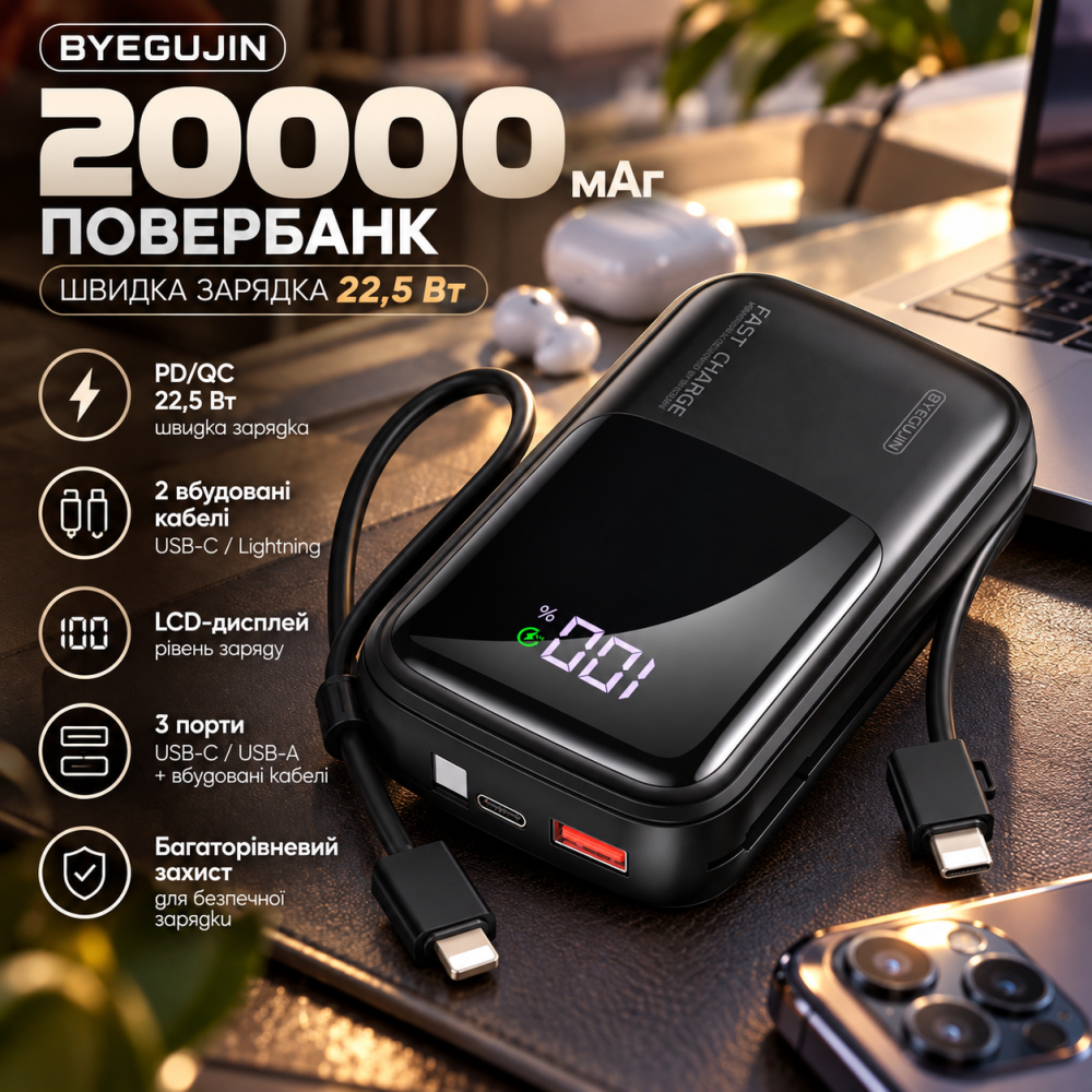Повербанк BYEGUJIN 20000 мАг 22,5 Вт, швидка зарядка PD/QC, 2 вбудовані кабелі USB-C/Lightning, LCD-дисплей, чорний Київ - фото 1
