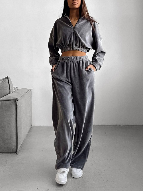 Женский стильный прогулочный костюм тройка турецкий велюр спорт Графит, 46/48 Одесса - изображение 1