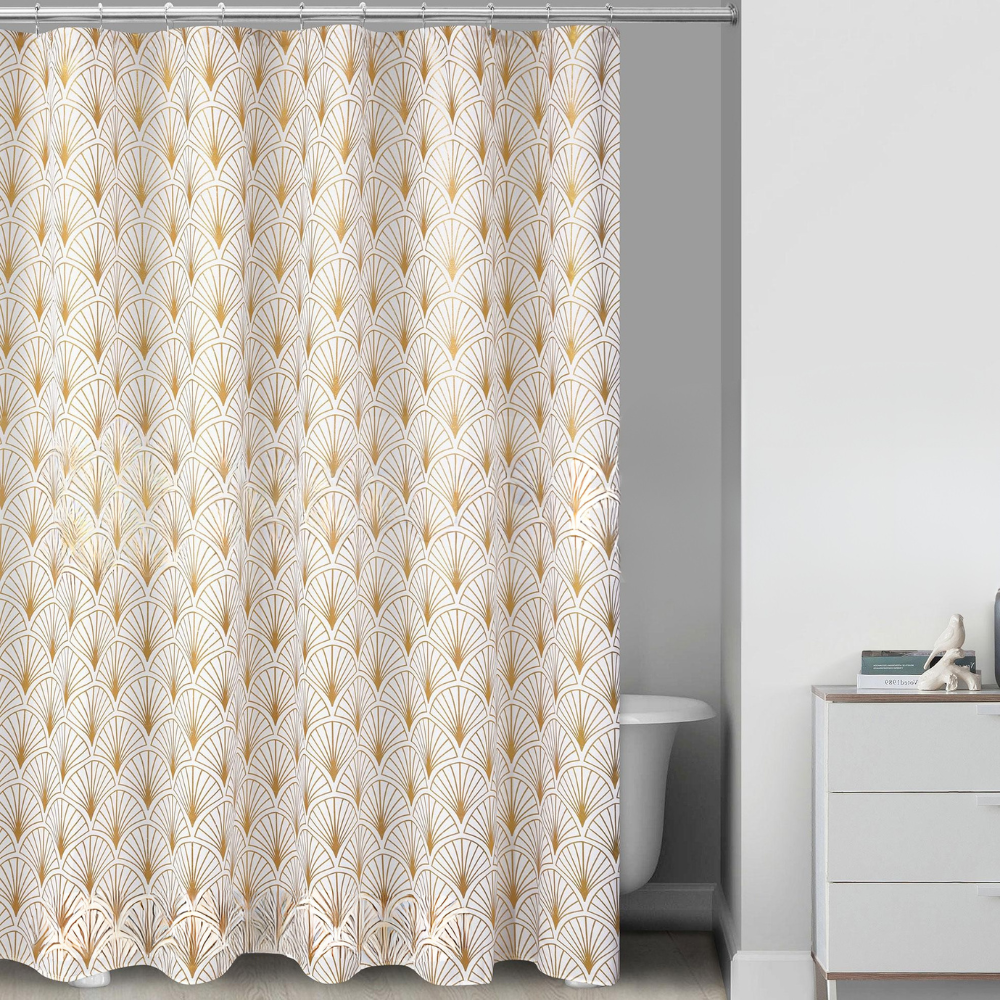 Шторка для ванной и душа 180x180 см,занавеска для ванной комнаты с крючками,белая с золотистистым узором Каменец-Подольский - изображение 1
