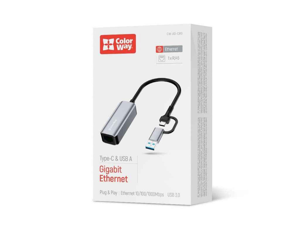 Адаптер сетевой USB-A/USB-С 3.0 RJ45 Gigabit Ethernet ТМ СolorWay Киев - изображение 1