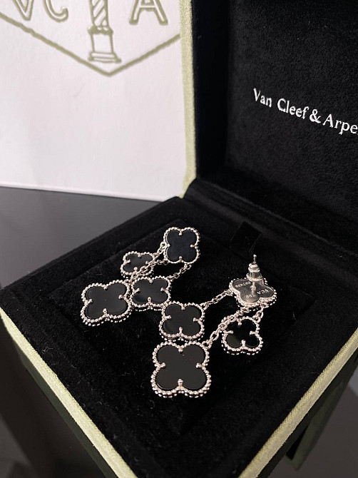 Сережки Van Cleef длинные на 4 элемента черная эмаль покрытие белым золотом / упакованы в мешочек Одесса - изображение 3