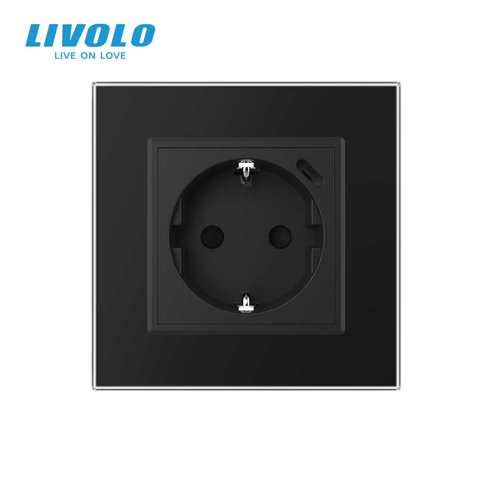 Електрична розетка з USB Type-C 18Вт для зарядки, з заземленням, LIVOLO, чорна, скляна матова рамка, 250В 16А Коломия - фото 6