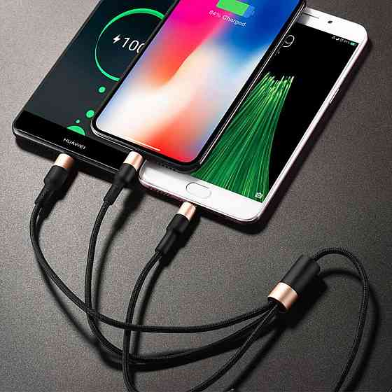 Кабель HOCO X26 USB - Lightning+Type-C+Micro 2A, 1m, нейлон, алюмінієві конектори, колір чорний+Gold 6957531080275 Одеса