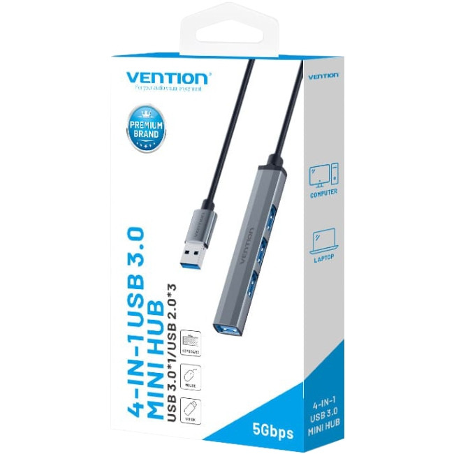 Хаб USB 3.0 -> 1xUSB 3.0/3xUSB 2.0, 0.15м, 5 Гбіт/с, Grey Vention Вінниця - фото 3