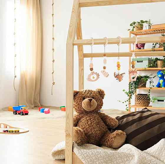 Гімнастична дуга Montessori Bow дерев'яна коричневий/сірий комплект 4 шт підвісна іграшка для коляски Baby gym Київ