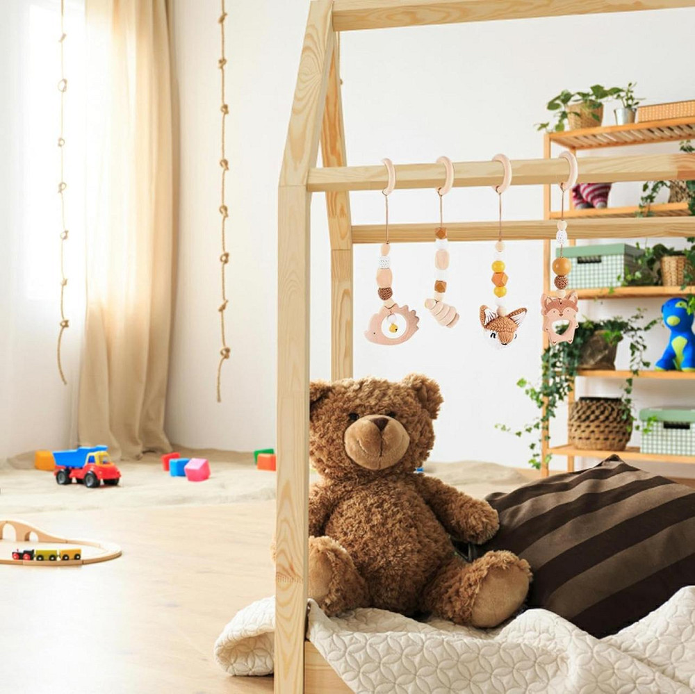 Гімнастична дуга Montessori Bow дерев'яна коричневий/сірий комплект 4 шт підвісна іграшка для коляски Baby gym Київ - фото 4