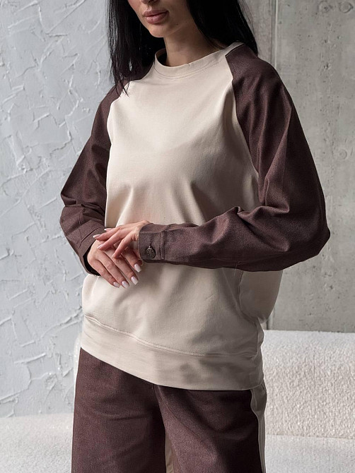 Жіночий ефектний комбінований костюм-двійка: кофта та штани джинс-котон + турецька двонитка Шоколадний, 46/48 Одеса - фото 6