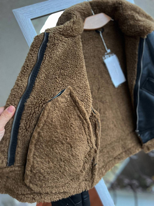 Дубленка женская Aftf Basic 2437 короткая авиатор на молнии с коричневым мехом экокожа черная, черный, S Киев - изображение 5