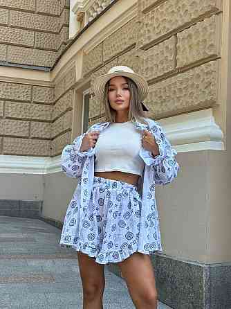 Жіночий принтований костюм-двійка: сорочка та шорти з натурального мусліну Білий, 48/50 Одеса