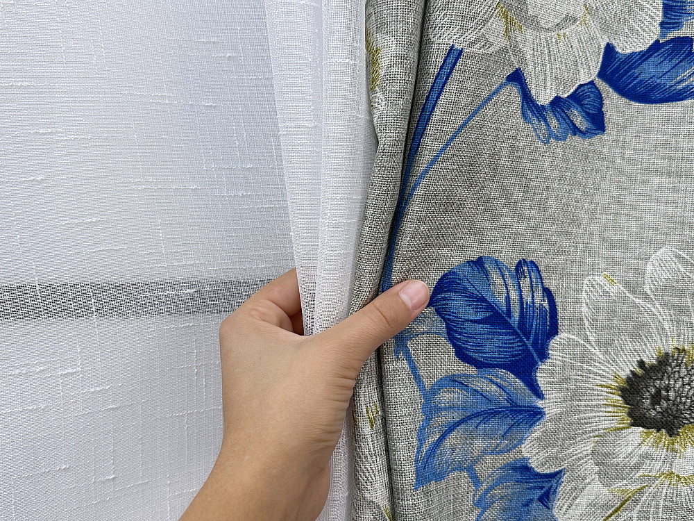 Комплект штор VR-Textil Лен Прованс 100х270 2шт и Тюль 400х270 2078ш-115т Светло-серый с синим и белым 71-213/2 Киев - изображение 7