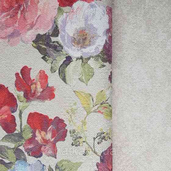 Шпалери вінілові на флізелін GranDeco Dorina A45503 метрові квіти великі червоні бузкові на пісочному тлі Київ