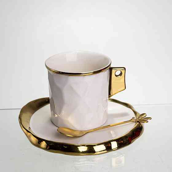 Чашка фарфоровая для кофе 200 (мл) с блюдцем и ложкой,красивая чашка в подарок Белый с золотом FM-1B SBR Киев