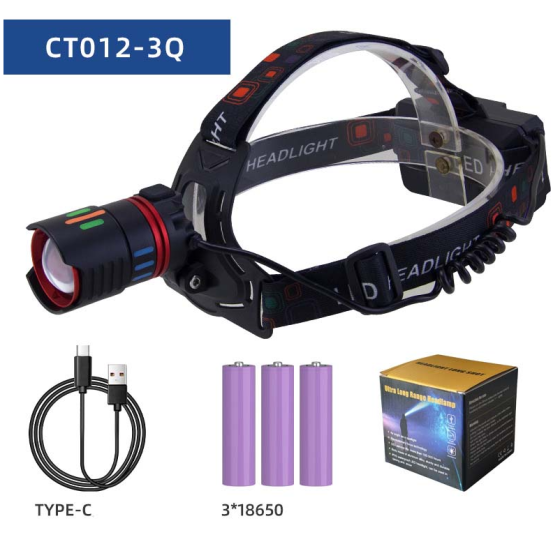 Налобний ліхтар Bailong CT012-3Q-TG, Білий, 3x18650, 1 режим, power bank, ЗП Type-C, zoom Дніпро