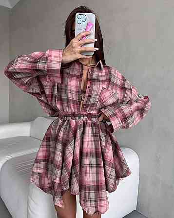 Жіночий стильний оверсайз костюм двійка: сорочка і спідниця у клітинку турецька фланель Одеса