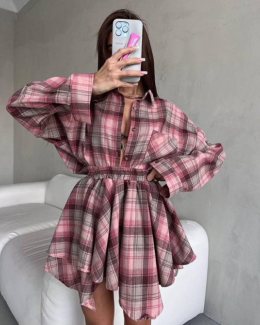 Женский стильный оверсайз костюм двойка: рубашка и юбка в клетку турецкая фланель Одесса - изображение 1