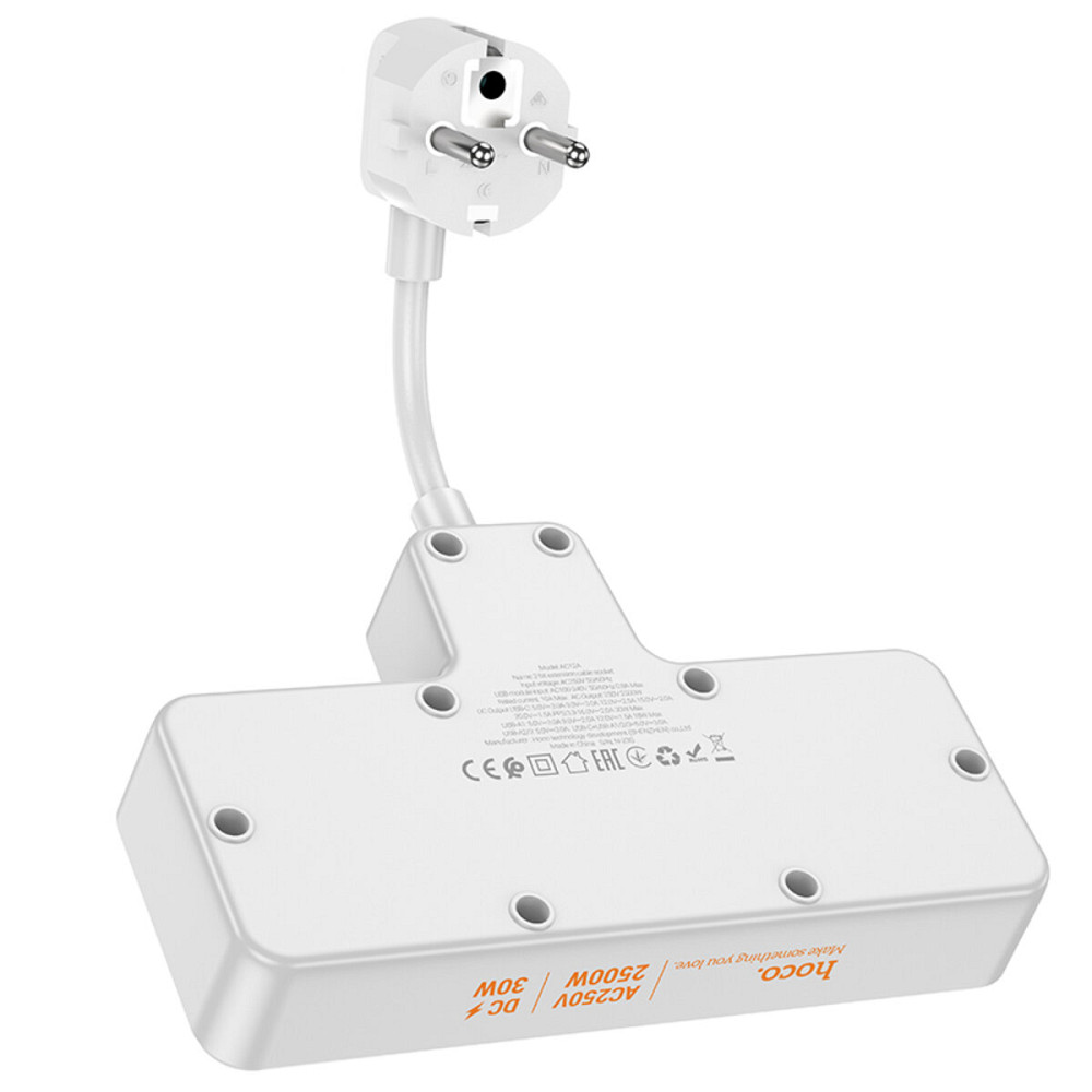 Мережевий подовжувач HOCO  AC12A Reise 2-position expansion socket(PD30W/1C3A) White (6942007607100 ) Київ - фото 5