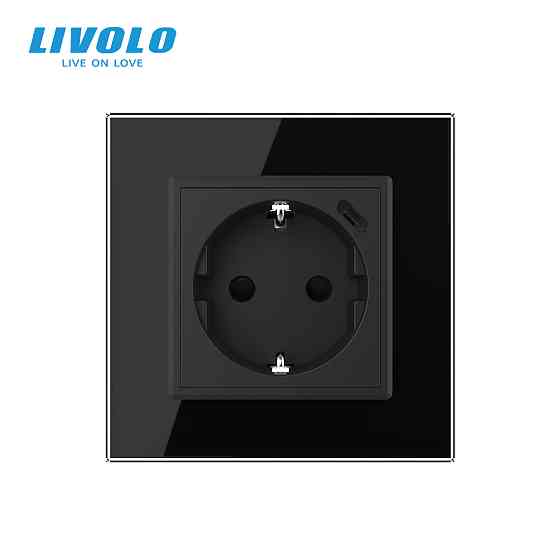LIVOLO Електрична розетка з USB Type-C 18Вт для зарядки, з заземленням, LIVOLO, чорна, скляна р Коломия