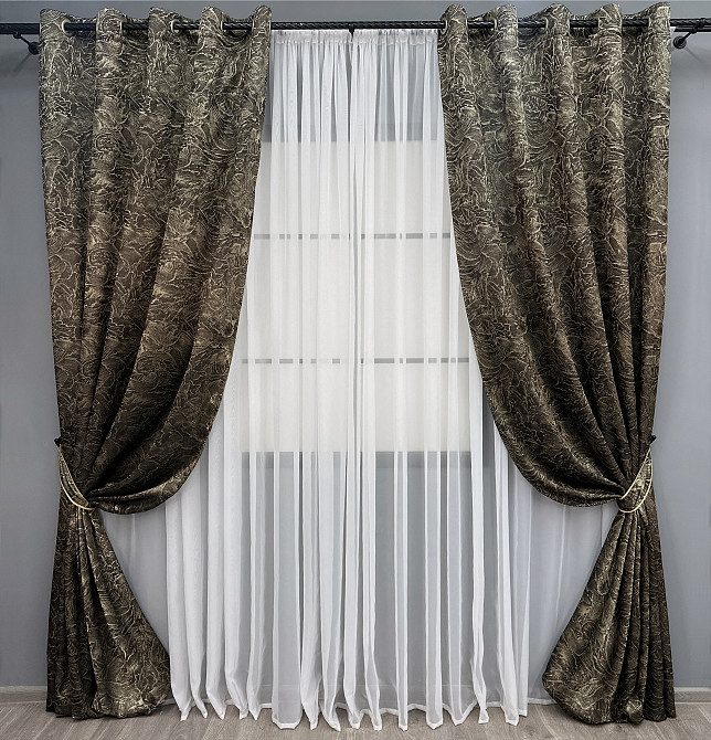 Комплект штор на люверсах VR-Textil Жаккард Fantasy № 1632ш Венге с бежевым 150х280 см 2 шт (37-0177) Киев - изображение 2