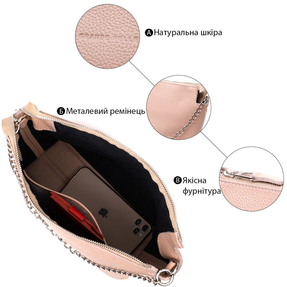 Оригинальная женская сумка из натуральной кожи GRANDE PELLE 11695 Пудровая Киев - изображение 4