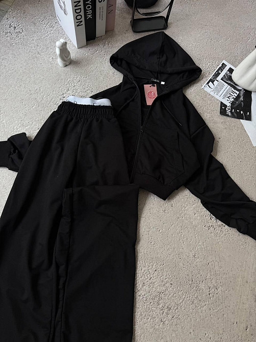 Жіночий прогулянковий костюм-двійка: кофта на блискавці та штани двонитка люкс + турецька рибана Чорний, 46/48 Одеса - фото 2