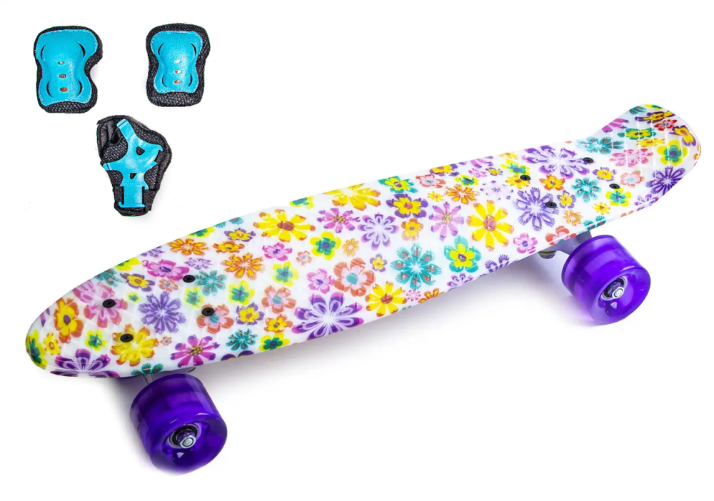 Набор СкейтБорд Penny Board. Цветочки + защита на колени, локти и ладони. Колеса светятся при катани Одесса - изображение 1
