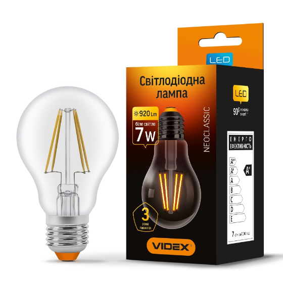 Лампа A60 7W E27 4100К 220V Filament LED Videx Житомир
