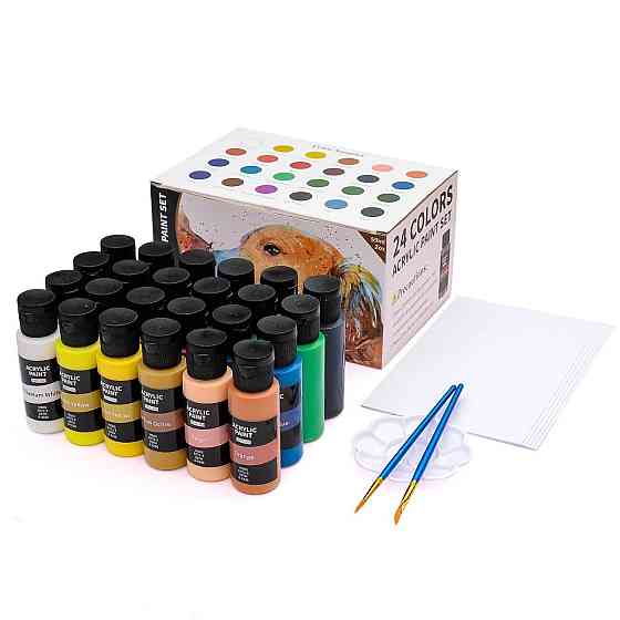 Набор акриловых красок Acrylic Paint Set 24 баночки по 59 мл, бумага для рисования, палетка и кисточки 2 штуки Каменец-Подольский