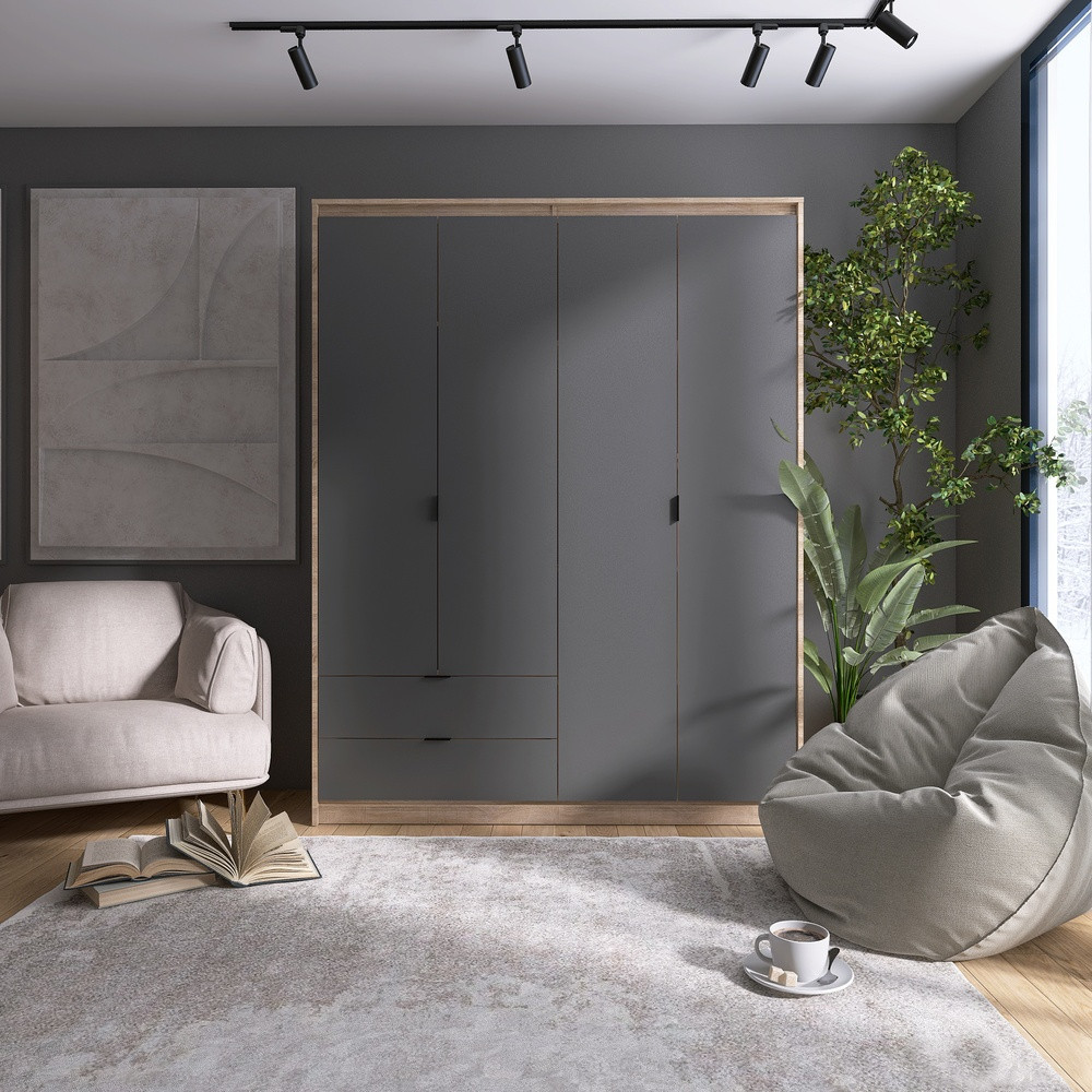 Шкаф распашной для одежды с выдвижными ящиками (штанга-штанга) Эверест Сити-1600 160,2х50х204,6 см Дуб сонома/Графит (DTM-071095) Львов - изображение 1