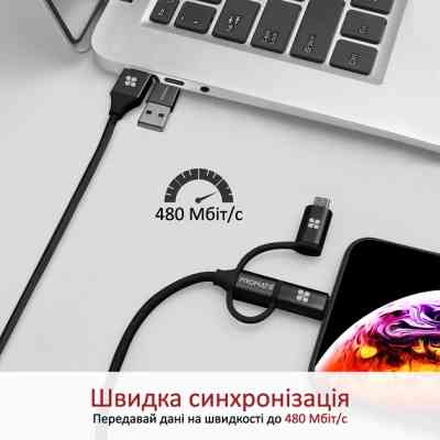 Дата кабель USB 2.0 AM to Lightning + Micro 5P + USB-C pentapower.black Promate (pentapower.black) Винница
