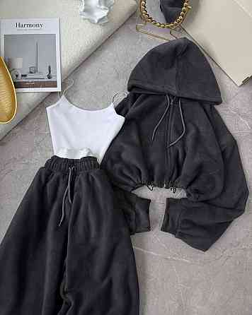 Жіночий теплий прогулянковий костюм — трійка: укорочена кофта, топ і штани в стилі оверсайз двосторонній фліс + мікродайвінг Графі Одеса