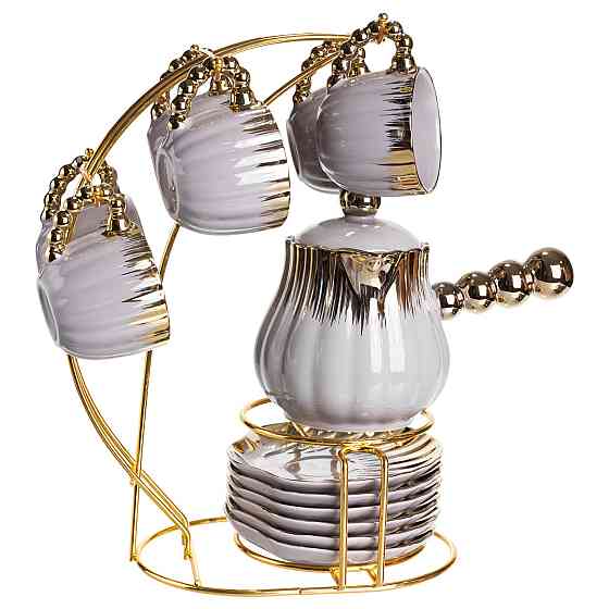 Кавовий сервіз на підставці з туркою 450 (мл) 6 чашок по 90 (мл) подарунковий набір чашок на підставці Сірий із золотом FM-JJ-4 Київ