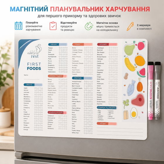 Магнітний планувальник харчування Nibble and Rest 25×35 см для першого прикорму, трекер продуктів на холодильник, 2 маркери Київ
