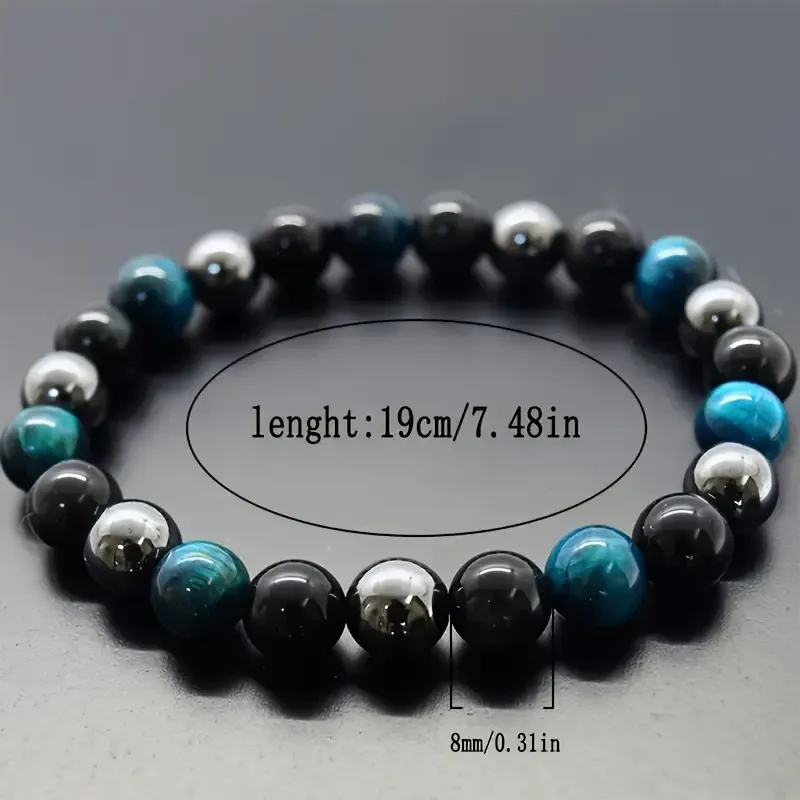 Браслет из гематита, обсидиана и тигрового глаза - черный и синий, 19 см Киев - изображение 3