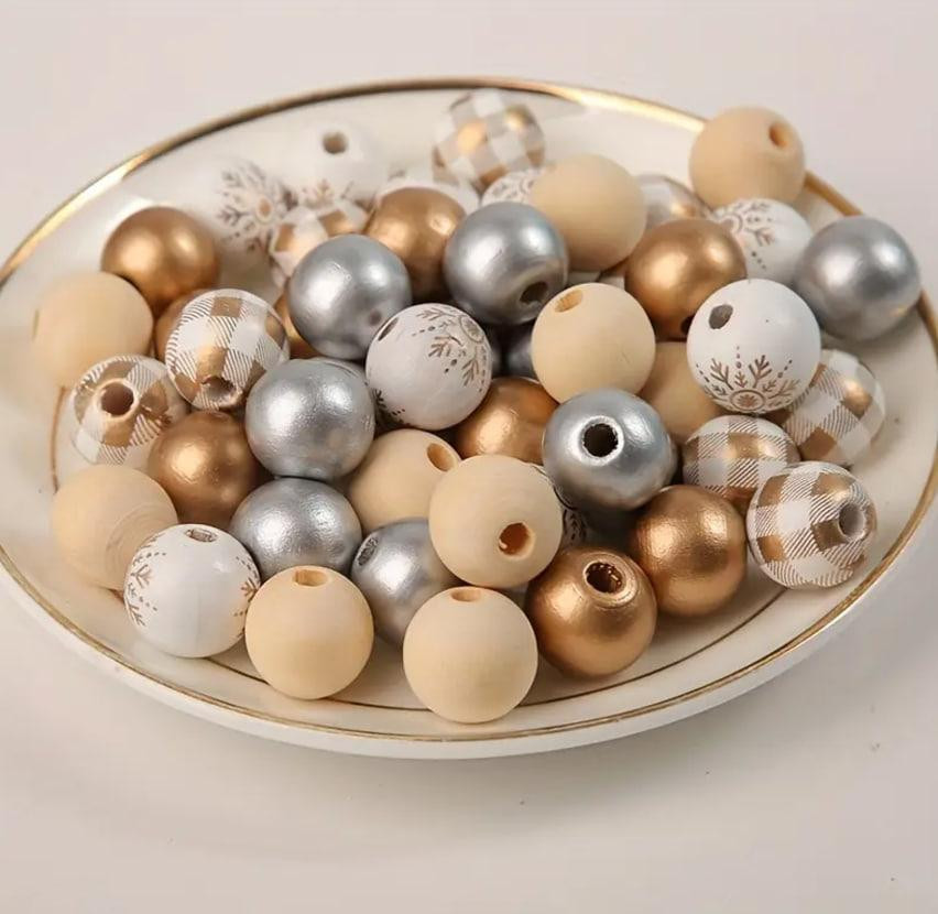 Набор из 50 деревянных бусин в золотых и серебристых тонах+ 10 м джутового шнура для декора. Киев - изображение 2