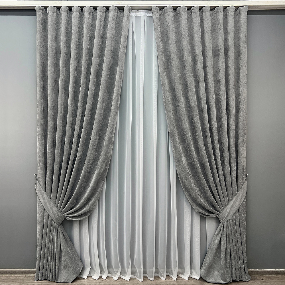 Комплект готовых штор VR-Textil Шенилл премиум VELMIRA Rich № 1923ш Серый 150х290 см 2 шт (33-0989) Киев - изображение 2