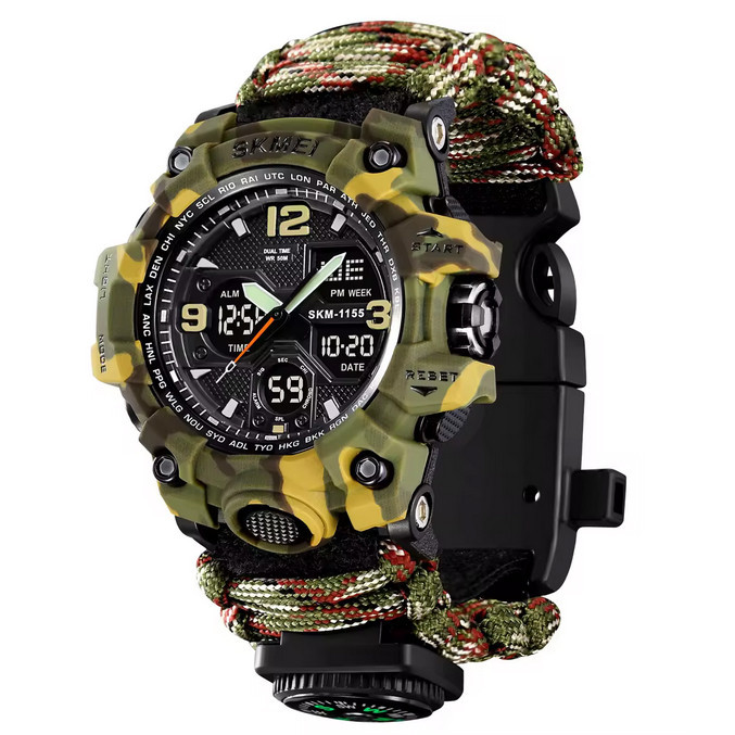 Часы наручные SKMEI 1155BCMGN, PARACORD, GREEN CAMO, Compass, термометр, свисток, кресало, 10460 Днепр - изображение 1