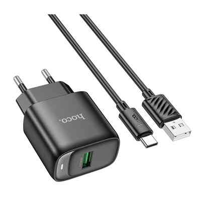 Мережевий зарядний пристрій Hoco C140A Smart single port QC3.0 charger set(Type-C)(EU) Black (6942007627825) Київ