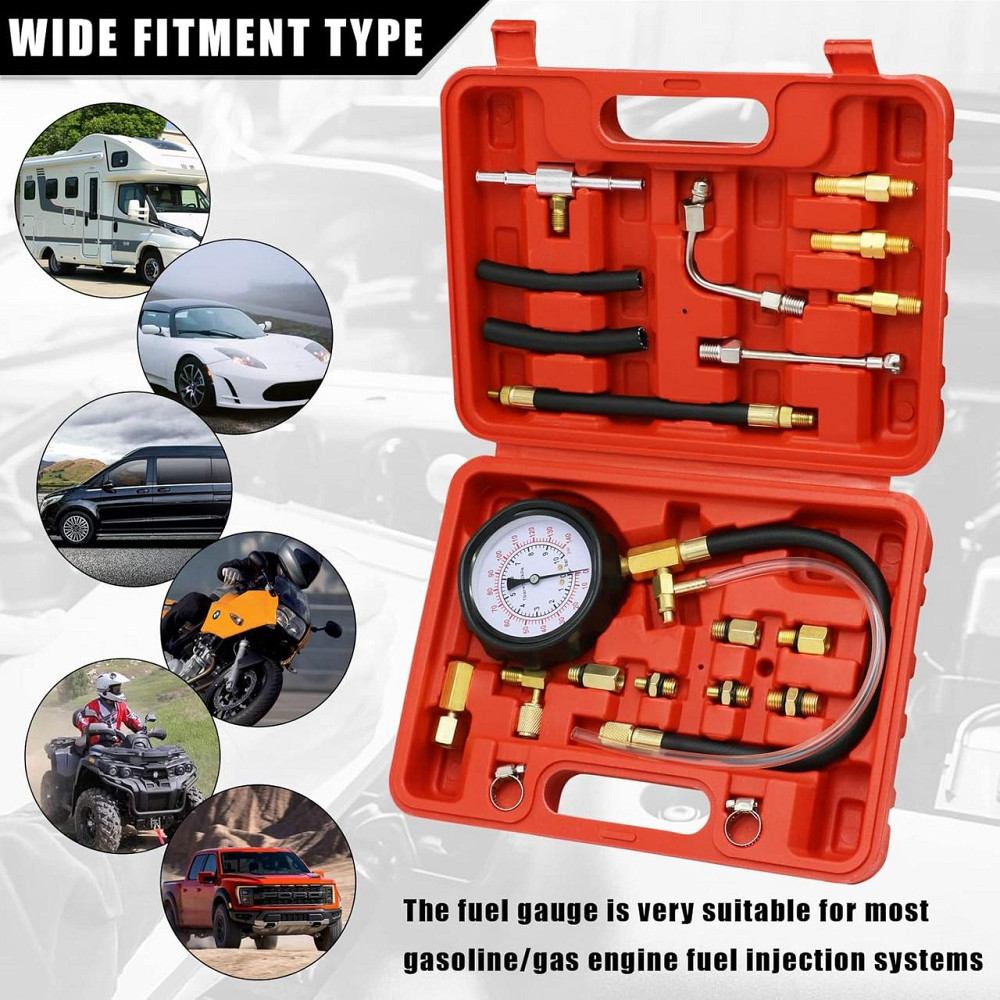Тестер тиску палива CH-TU114-00001 Чорний 0-140 PSI (0-10 bar) комплект адаптерів M8 M10 M12 M14 15" шланг вакуумний насос тестер Київ - фото 5